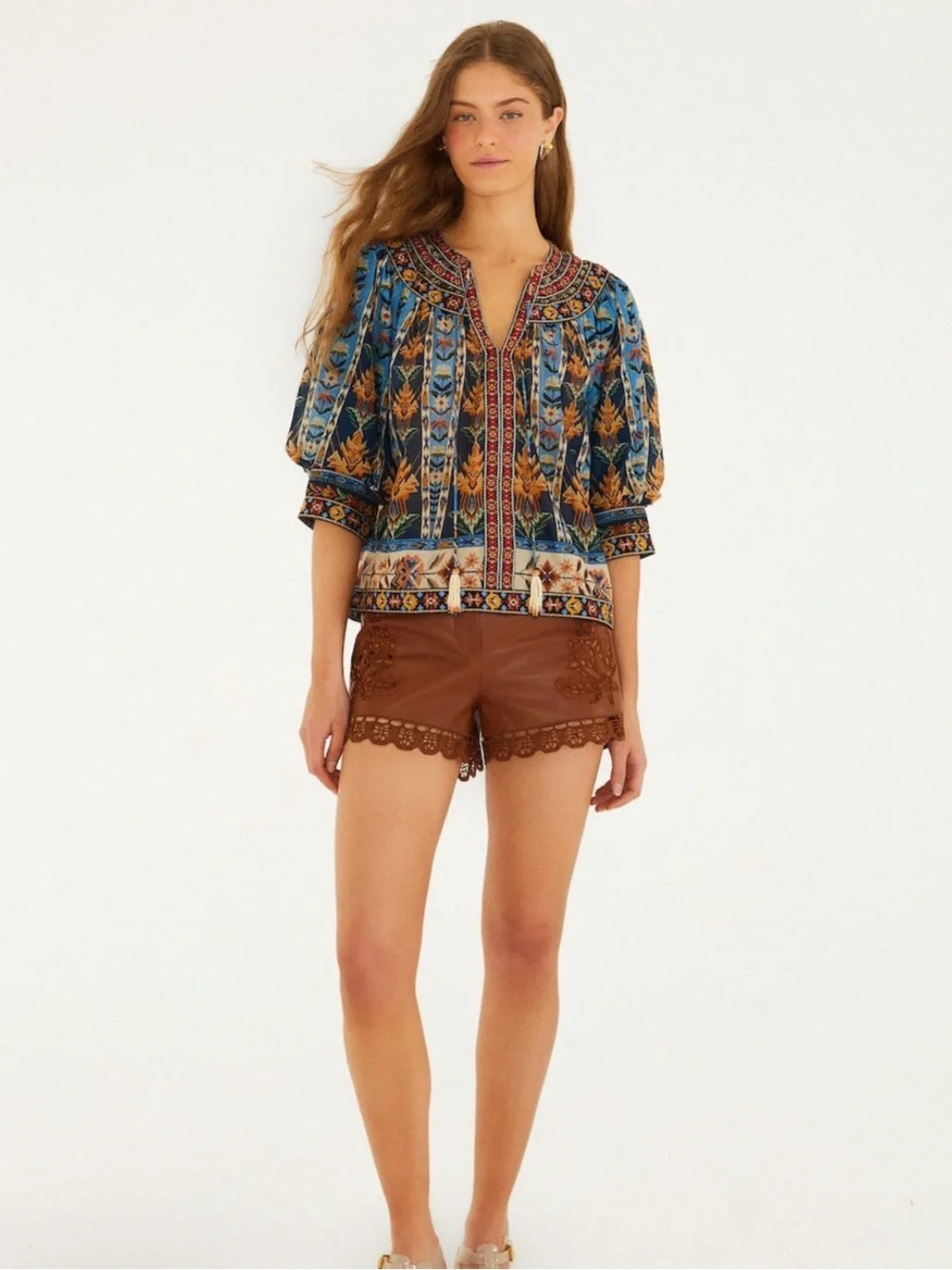 Farm Rio Blue Embroidered Tapestry Tassels Puff Sleeve Blouse